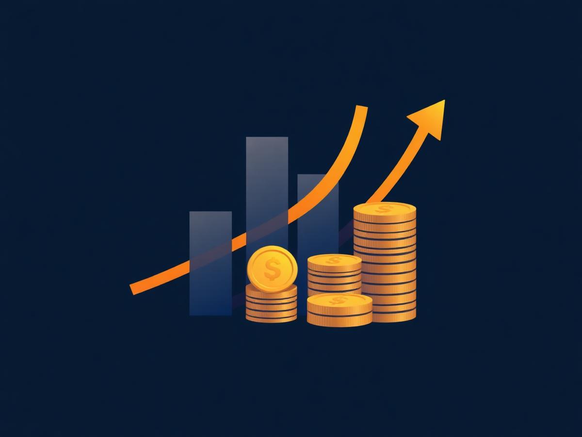 Abstract illustration of rising bars, coins, and an upward arrow representing financial growth