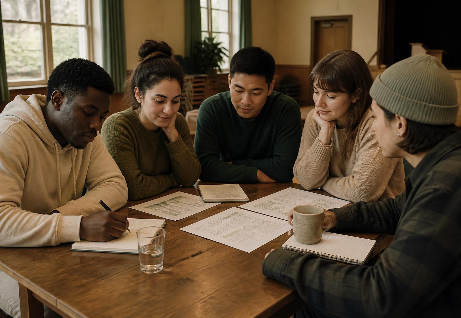 Young adults working through printed planning worksheets around a table in a community hall